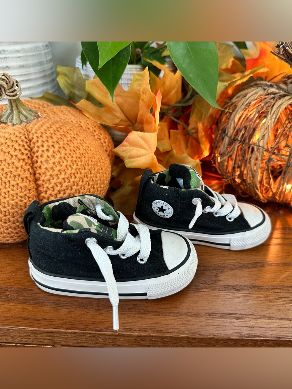 Converse Kids Black Canvas Sneakers with Green Camo Lining